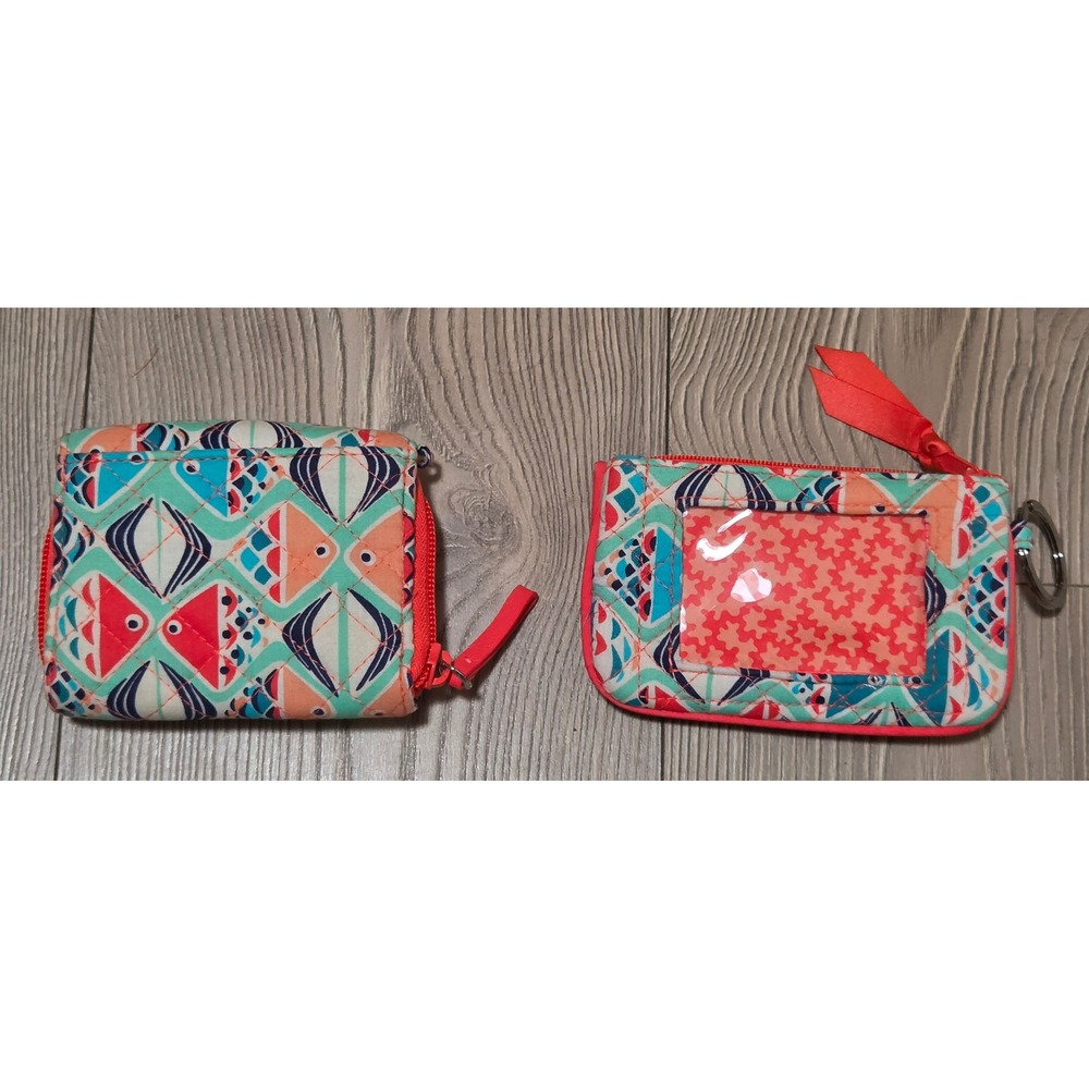 Vera Bradley Go Fish Quilted Wallet & ID Case Set Coral Teal Blue Bundle Retired - Picture 2 of 6